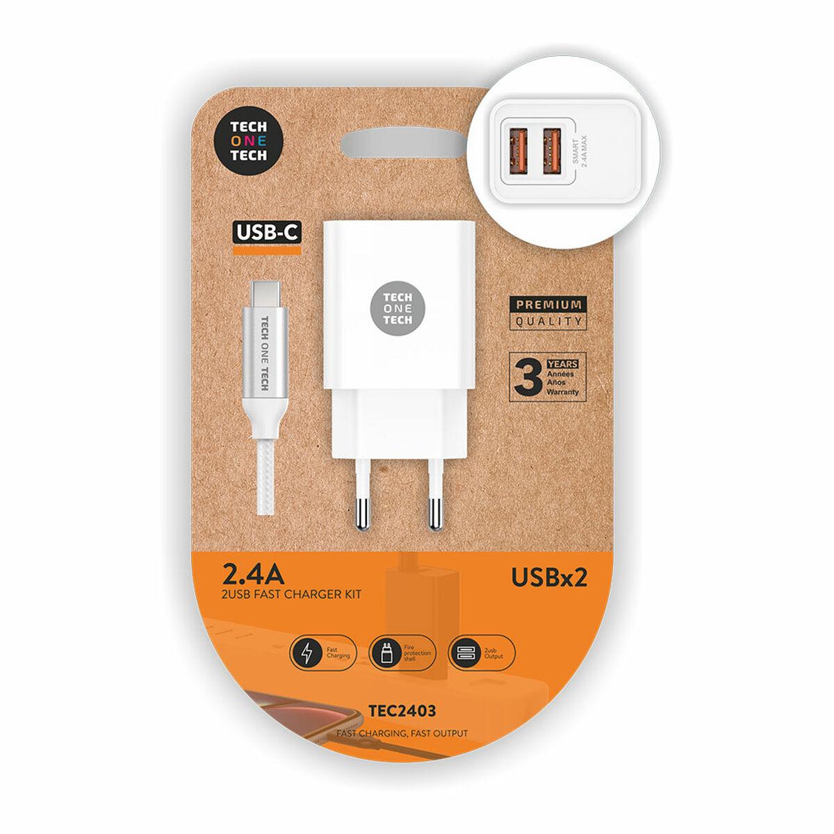 Vægoplader Usb C Kabel Tech One Tech Tec2403 Hvid Dobbelt