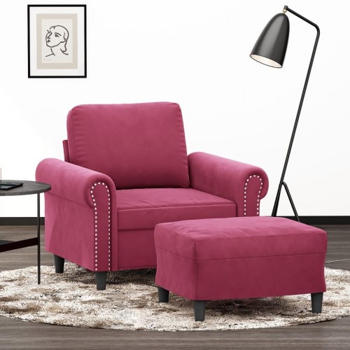 Sofastol med fodskammel i velour - 60 cm sædebredde, vinrød