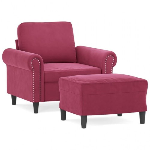 Sofastol med fodskammel i velour - 60 cm sædebredde, vinrød