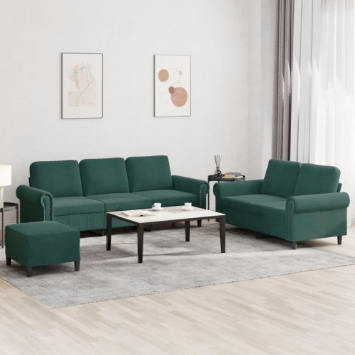 Sofasæt i velour - 3 dele med hynder, mørkegrøn