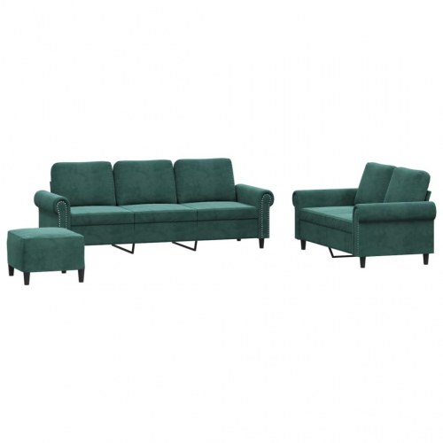 Sofasæt i velour - 3 dele med hynder, mørkegrøn