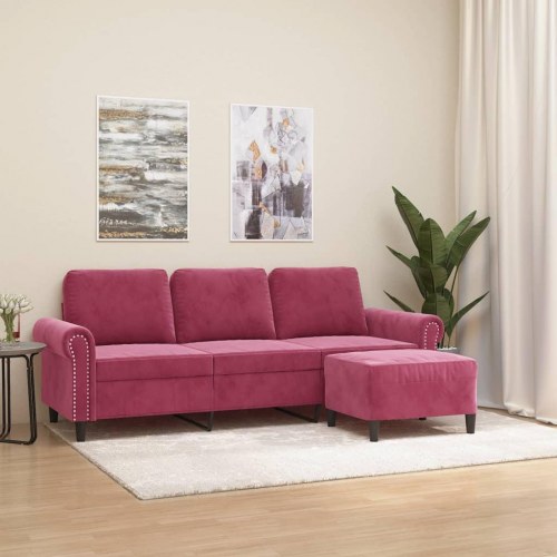 3-personers sofa med fodskammel i velour - vinrød, sædebredde 180 cm