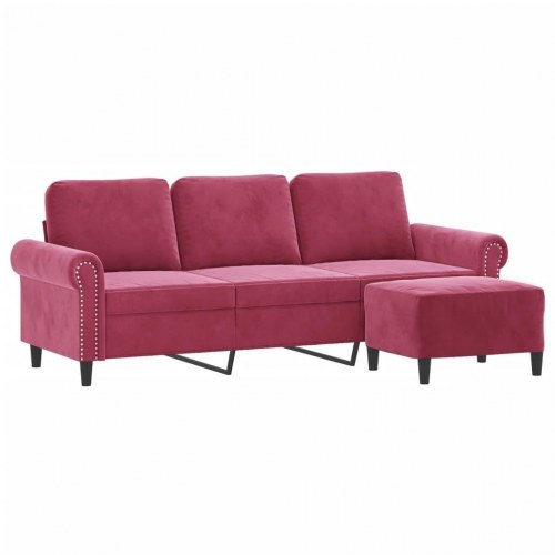 3-personers sofa med fodskammel i velour - vinrød, sædebredde 180 cm