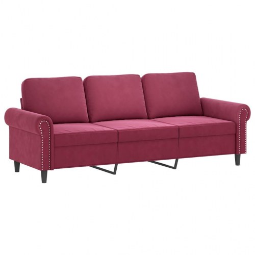 3-personers sofa med fodskammel i velour - vinrød, sædebredde 180 cm