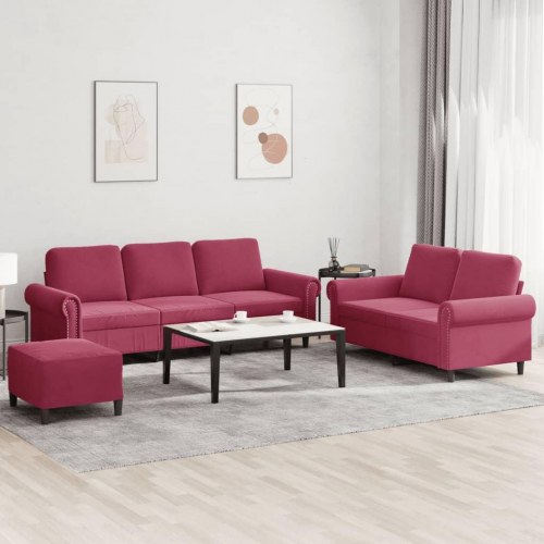 Sofasæt i velour - 3-pers., 2-pers. og fodskammel, vinrød