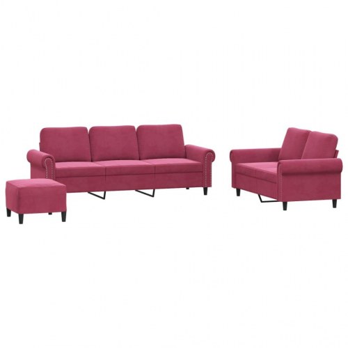 Sofasæt i velour - 3-pers., 2-pers. og fodskammel, vinrød