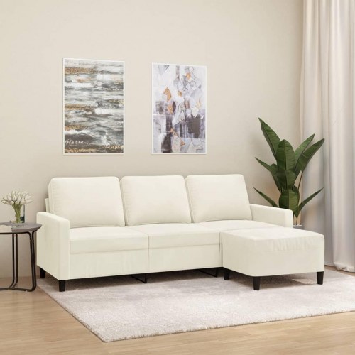 3-personers sofa med fodskammel - velour, cremefarvet, 180 cm sædebredde