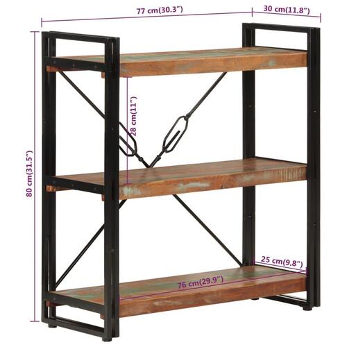 Bogreol med 3 hylder 77x30x80 cm massivt genbrugstræ og jern