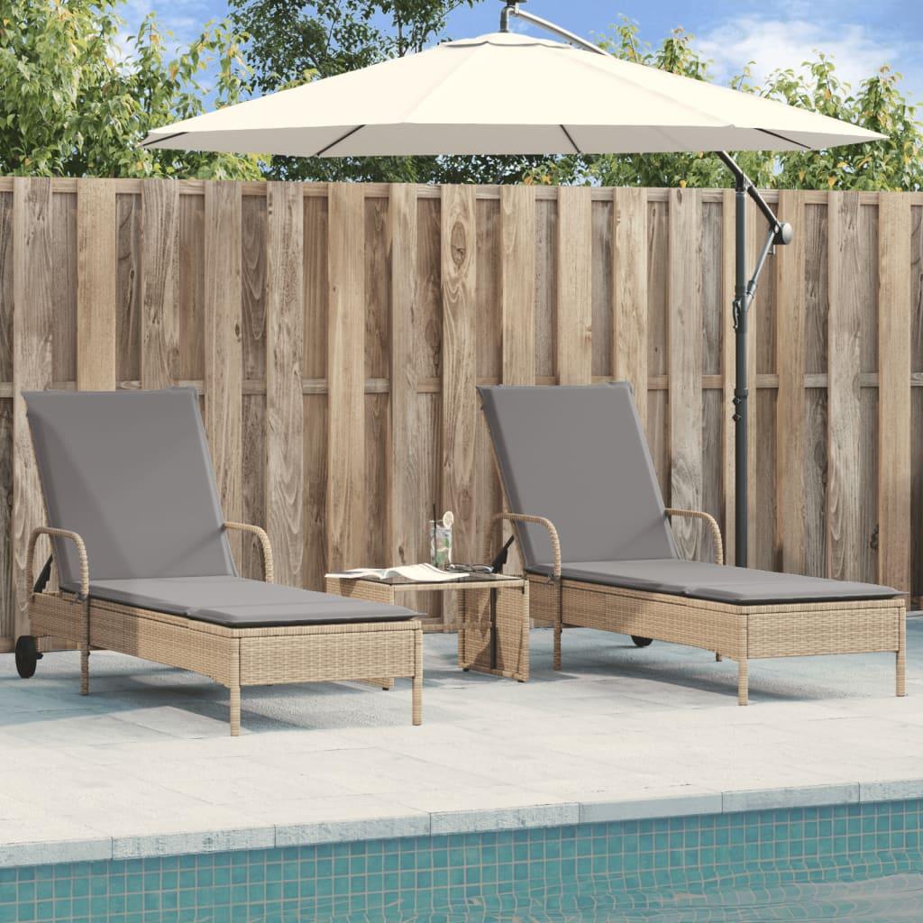 Liggestole 2 stk. med hynder polyrattan beige billede