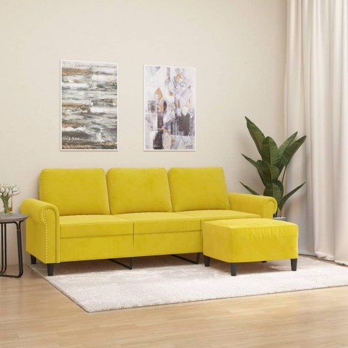 3-personers sofa med fodskammel - velour, gul, 180 cm sædebredde