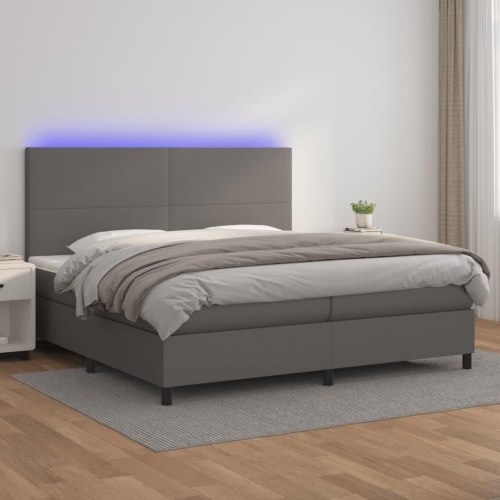 Kontinentalseng med LED-lys 200×200 cm i gråt kunstlæder