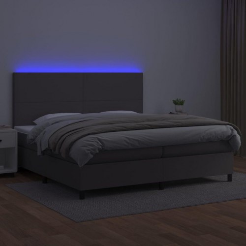 Kontinentalseng med LED-lys 200×200 cm i gråt kunstlæder