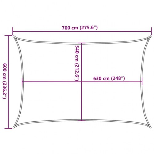 Solsejl 6 × 7 m - rektangulært HDPE 160 g/m², lysegrå
