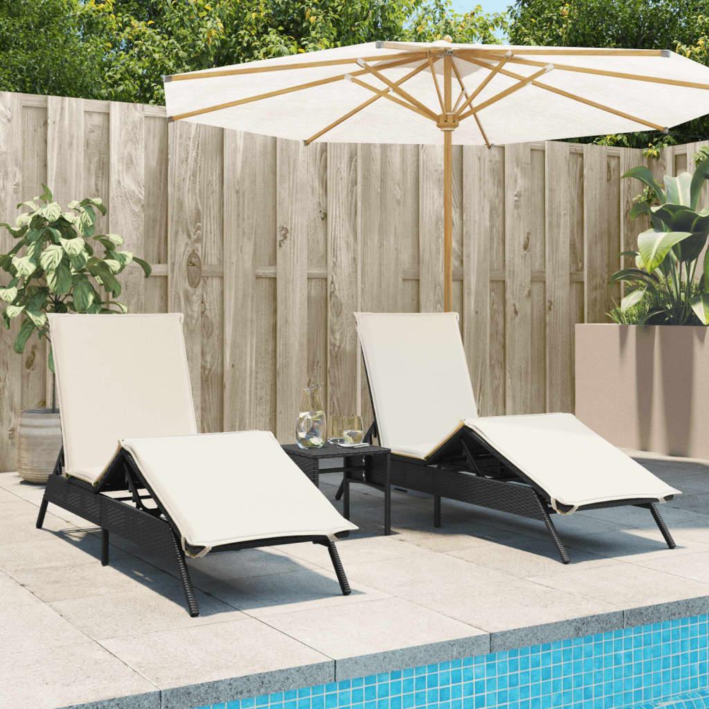 Liggestole 2 stk. med bord polyrattan sort