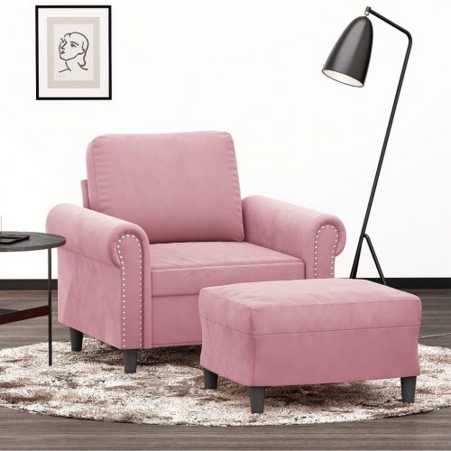 Sofastol med fodskammel i velour - 60 cm sæde, lyserød