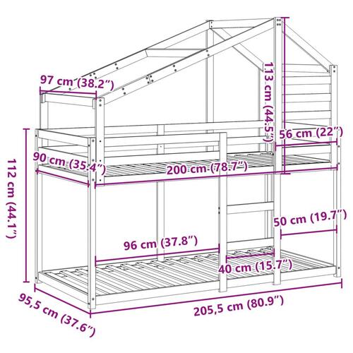 Køjeseng med tag 90x200 cm massivt fyrretræ hvid