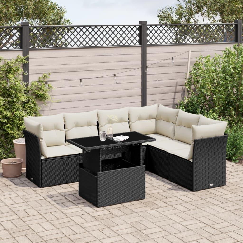 Sofasæt Til Haven 7 Dele Med Hynder Polyrattan - Sort og cremefarvet / uden opbevaring