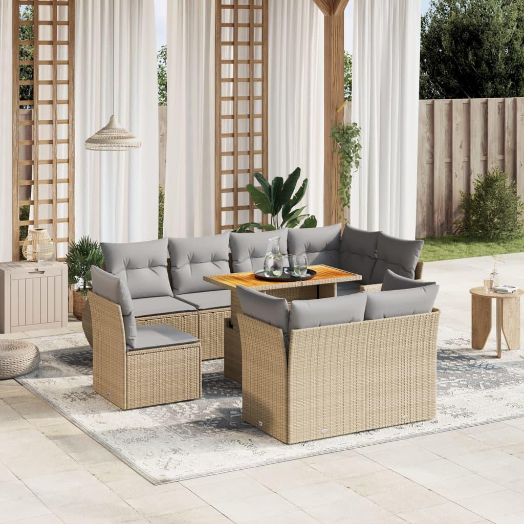 Sofasæt Til Haven 9 Dele Med Hynder Polyrattan - beige og lysegrå / 3x midterdel 5x hjørnedel bord