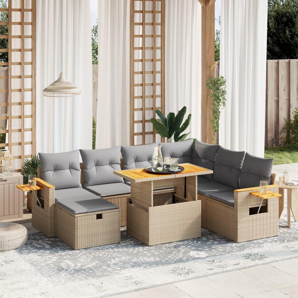 Havesofasæt i polyrattan 8 dele med hynder og hæve-sænkebord - beige