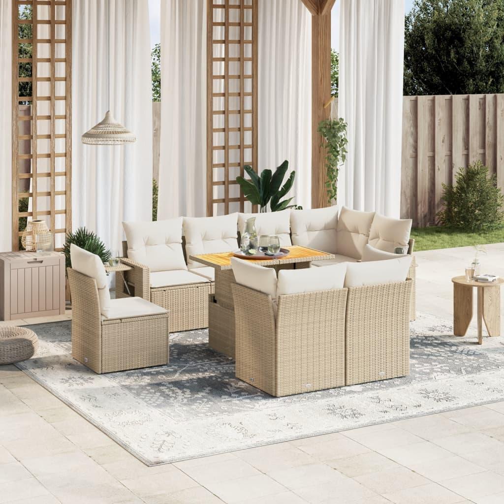 Sofasæt Til Haven 9 Dele Med Hynder Polyrattan - beige og cremefarvet / 5x hjørnedel 3x midterdel bord