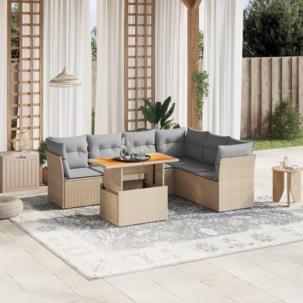 Sofasæt Til Haven 7 Dele Med Hynder Polyrattan - beige og lysegrå / 3x midterdel 3x hjørnedel bord