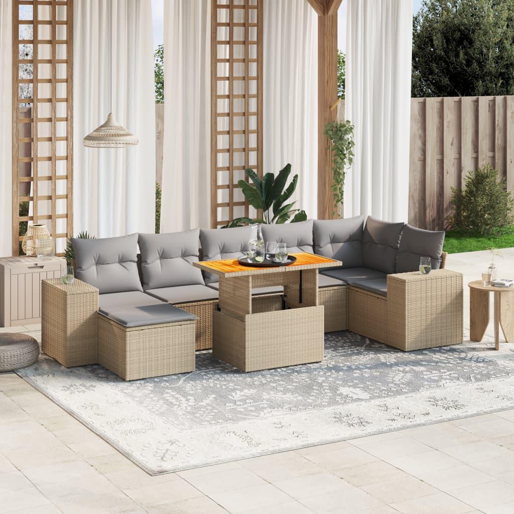 Sofasæt Til Haven 8 Dele Med Hynder Polyrattan - Beige og lysegrå / 3X midterdel + 3x hjørnedel + bord + fodskammel