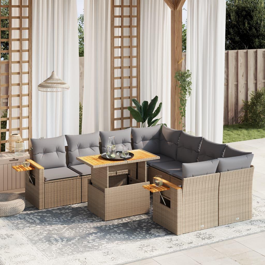 Sofasæt til haven i polyrattan, 9 dele med hynder - beige
