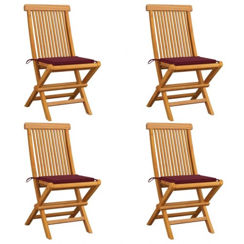 Foldbare havestole i massivt teak med vinrøde hynder - 4 stk.
