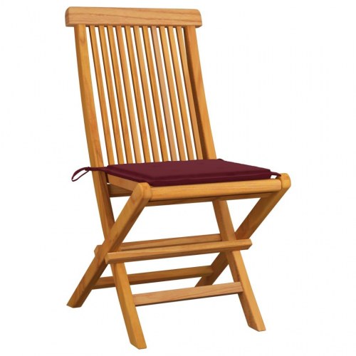 Foldbare havestole i massivt teak med vinrøde hynder - 4 stk.