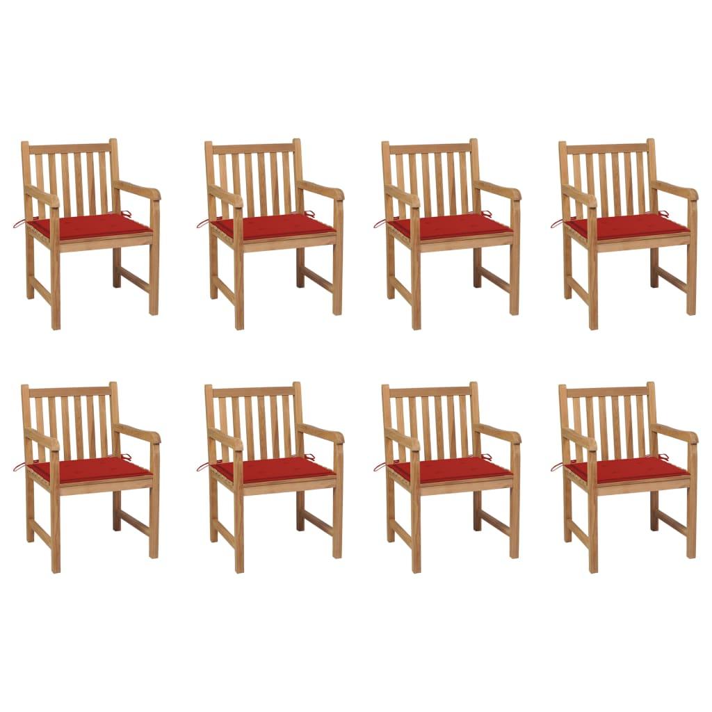 Havestole 8 stk. med røde hynder massivt teaktræ