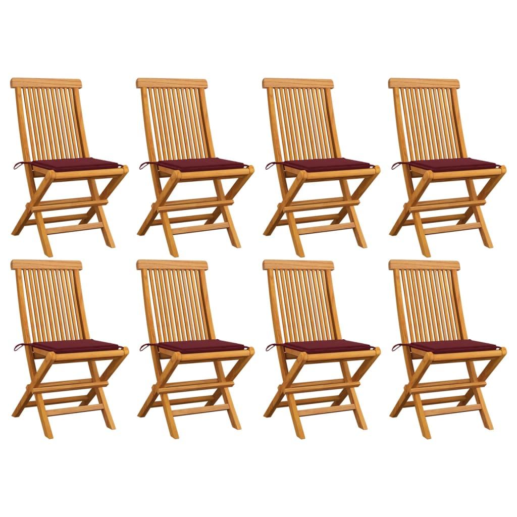 Foldbare havestole i massivt teak med vinrøde hynder - 8 stk.