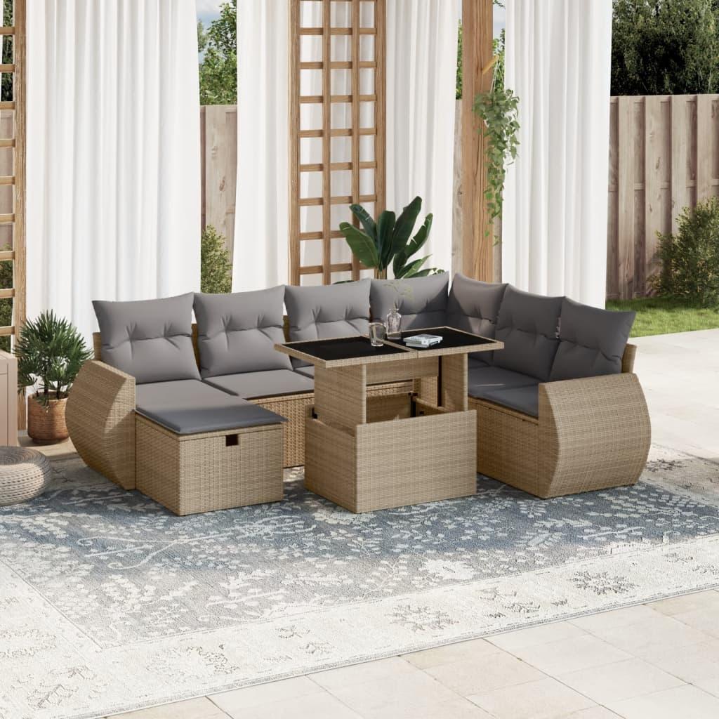 Sofasæt til haven 8 dele med hynder og løftebord i polyrattan beige