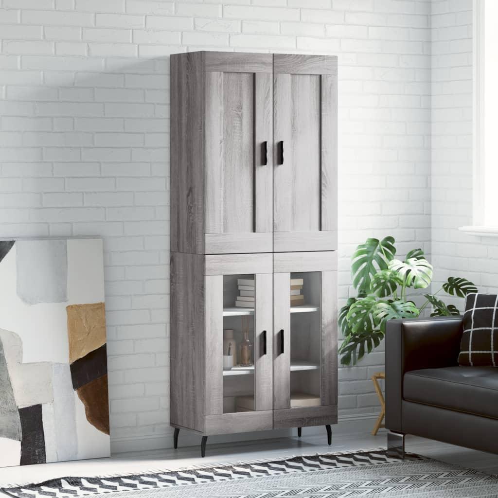 Højskab 69,5×34×180 cm i grå sonoma-eg - konstrueret træ med glas og jernfødder