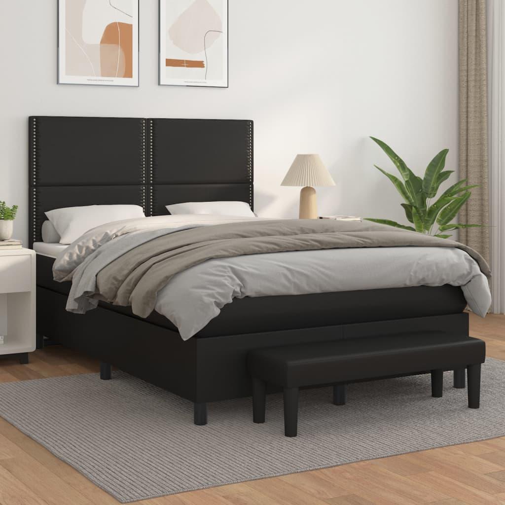Kontinentalseng med madras 140×190 cm i sort kunstlæder - inkl. topmadras og bænk