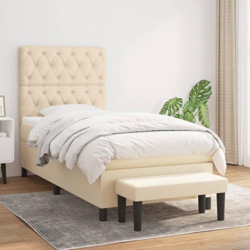 Kontinentalseng med madras 80×200 cm - stof, cremefarvet inkl. topmadras og bænk