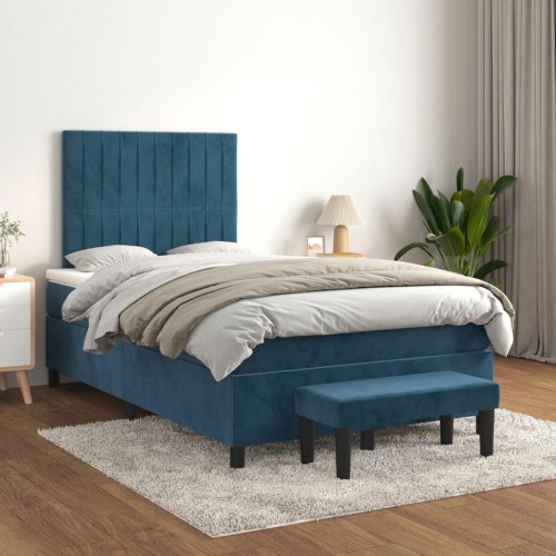 Kontinentalseng 120x190 cm med madras og bænk i velour - mørkeblå