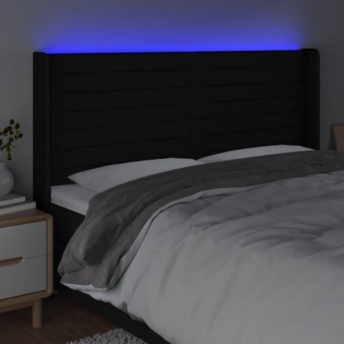 Sengegavl med LED-lys i stof - sort, 163 x 16 x 118/128 cm