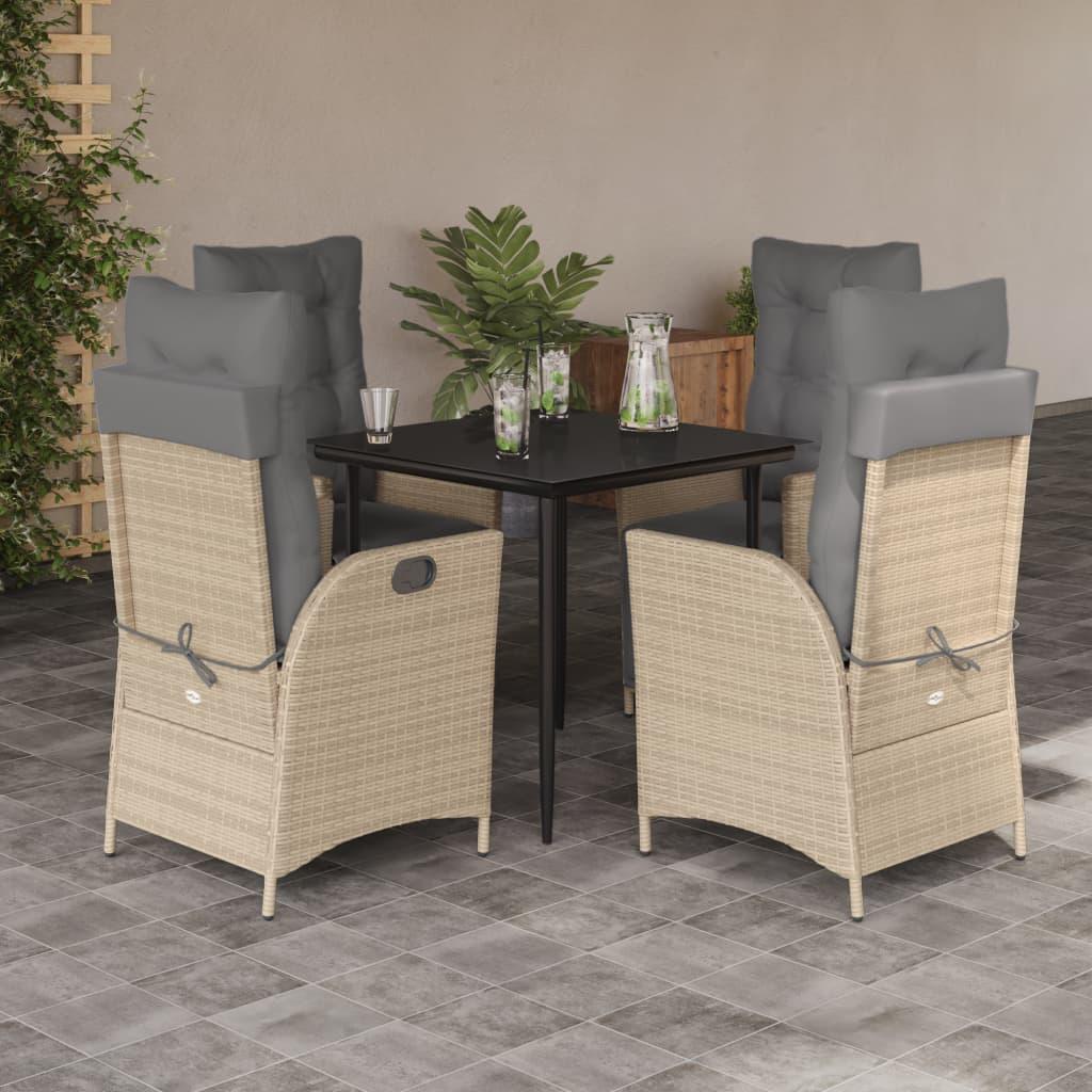 Spisebordssæt til haven 5 dele med hynder polyrattan beige