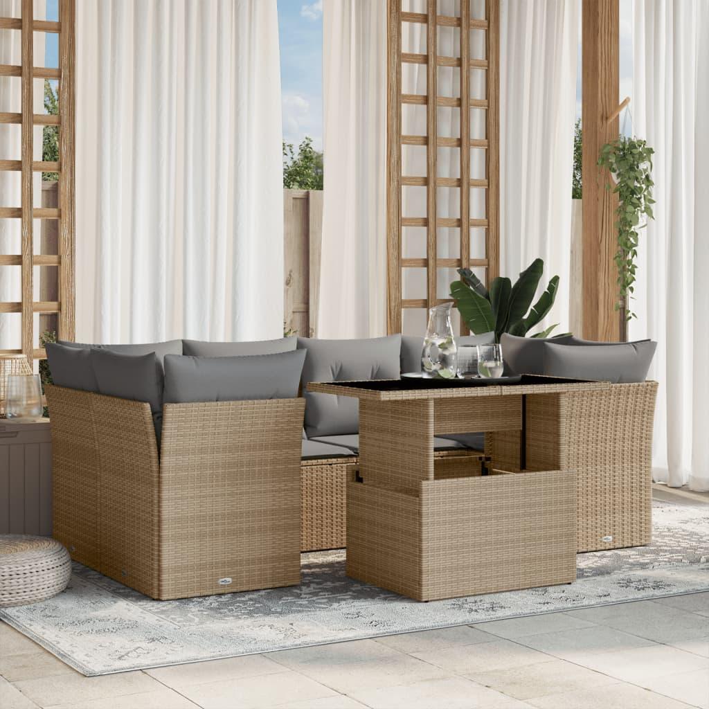 Sofasæt til haven i polyrattan - 7 dele med hynder, beige