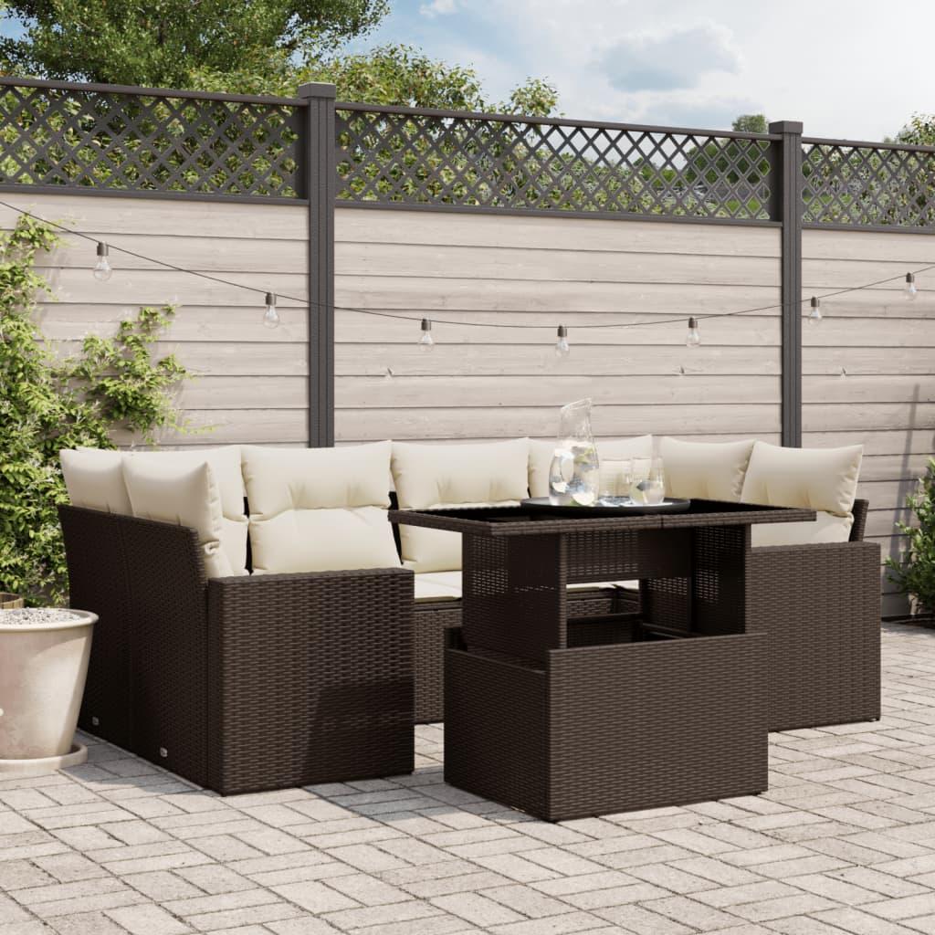 Sofasæt til haven i polyrattan - 7 dele med hynder, brun