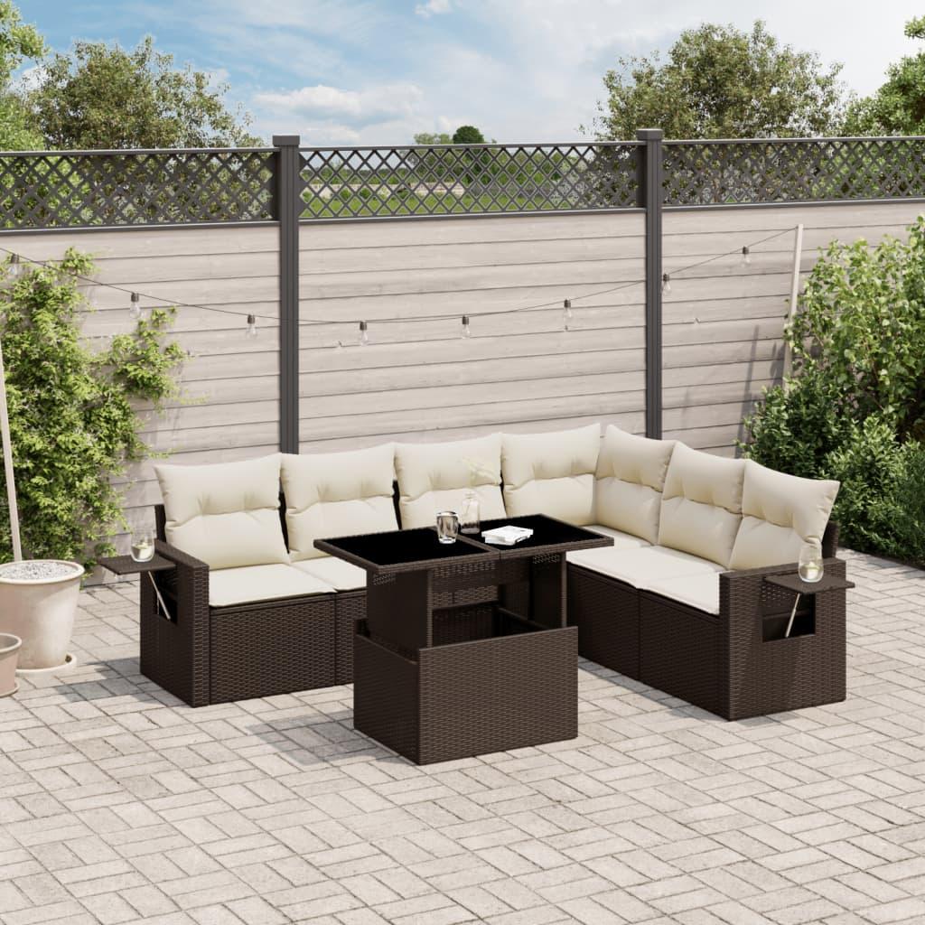 Sofasæt Til Haven 7 Dele Med Hynder Polyrattan - Brun og cremefarvet / Uden opbevaring