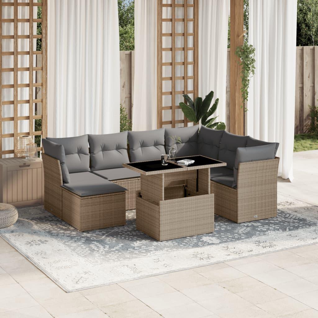Sofasæt til haven i polyrattan - 8 dele med hynder, beige