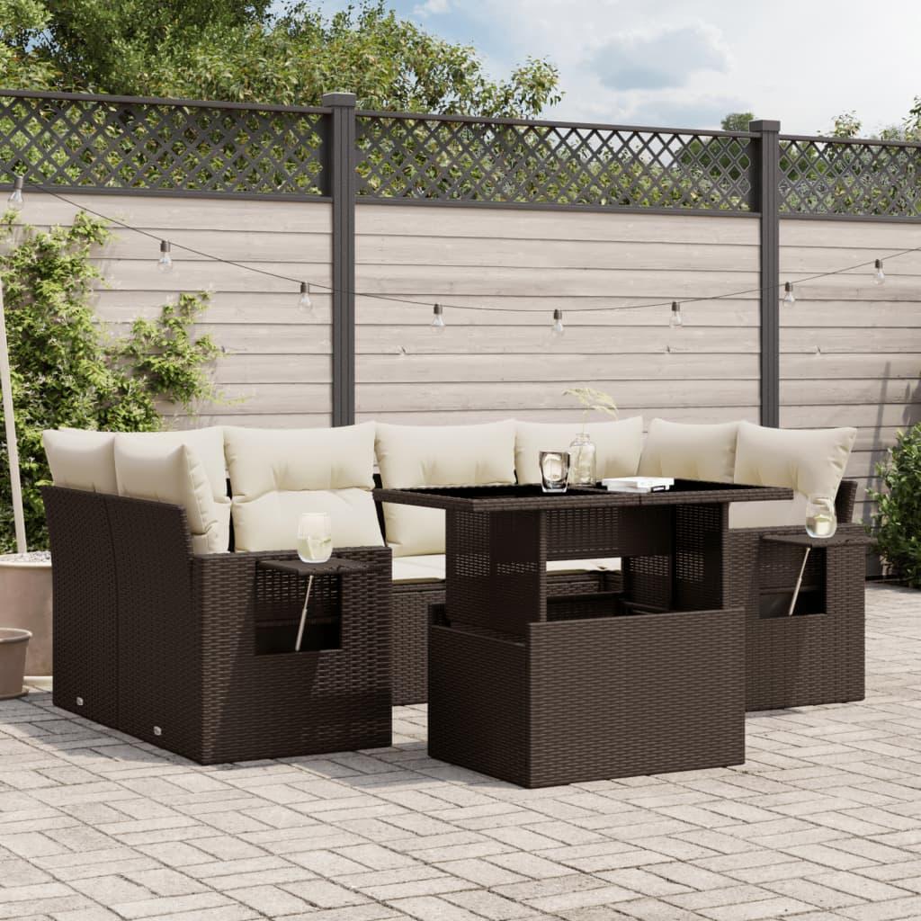 Sofasæt Til Haven 7 Dele Med Hynder Polyrattan Sort - Brun og cremefarvet / uden opbevaring