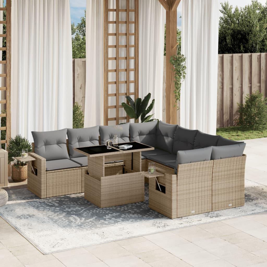 Sofasæt til haven i polyrattan, 9 dele med hynder - beige