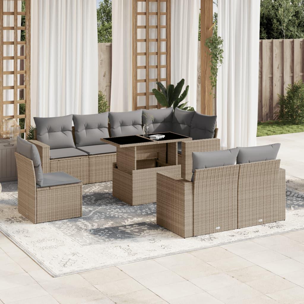 Sofasæt Til Haven 9 Dele Med Hynder Polyrattan Sort - beige og grå / uden opbevaring
