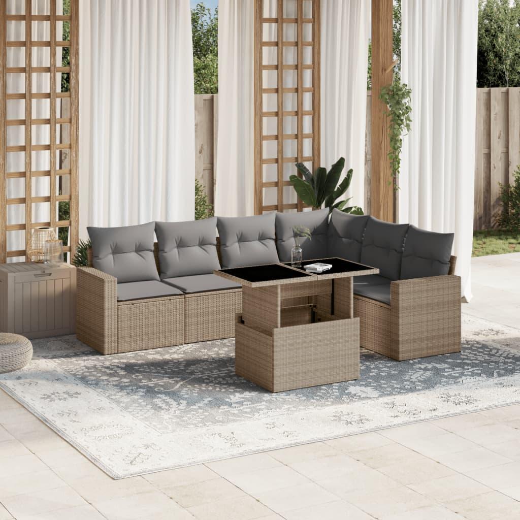 Sofasæt til haven i polyrattan, 7 dele med hynder - beige