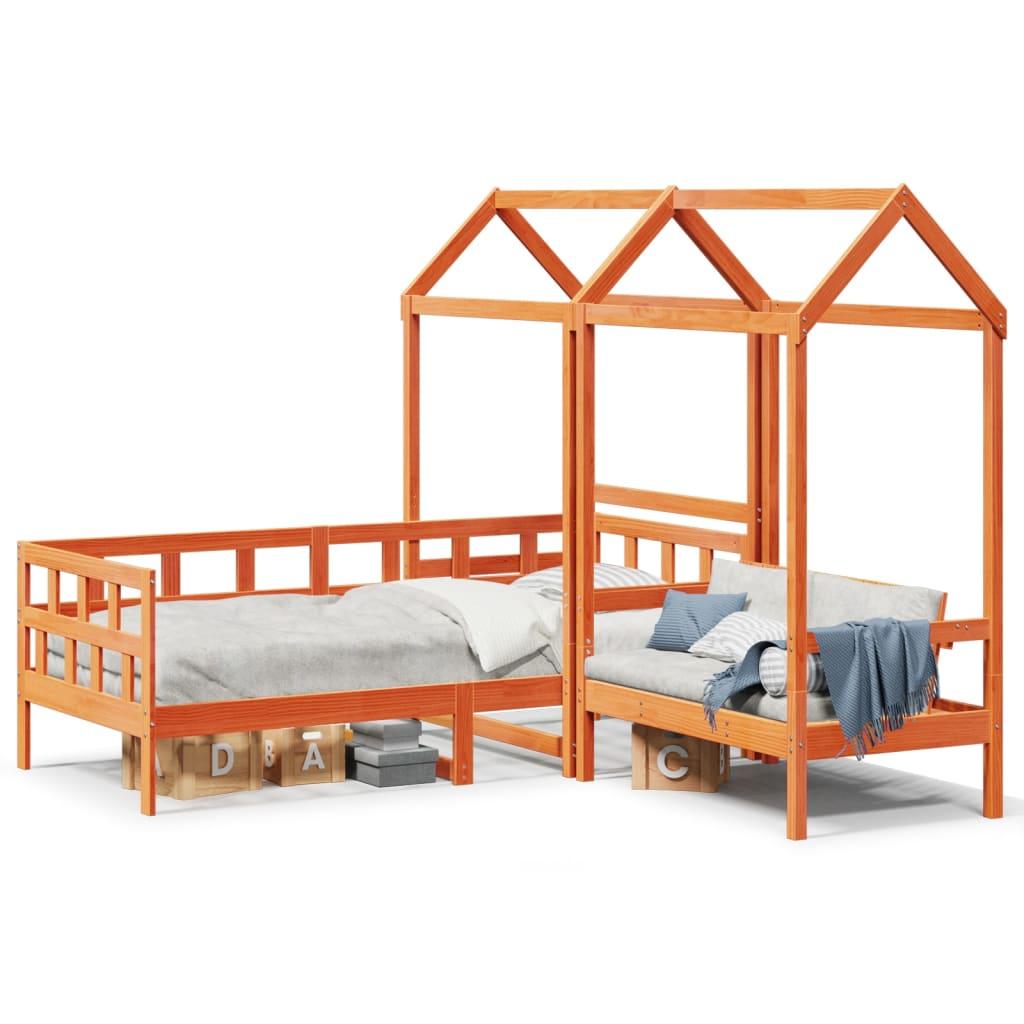 Husseng 80×200 cm i massivt fyrretræ - gyldenbrun daybed med bænk og tag