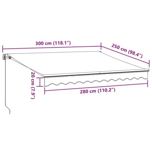 Markise med LED-lys 300 x 250 cm manuel betjening - bordeaux