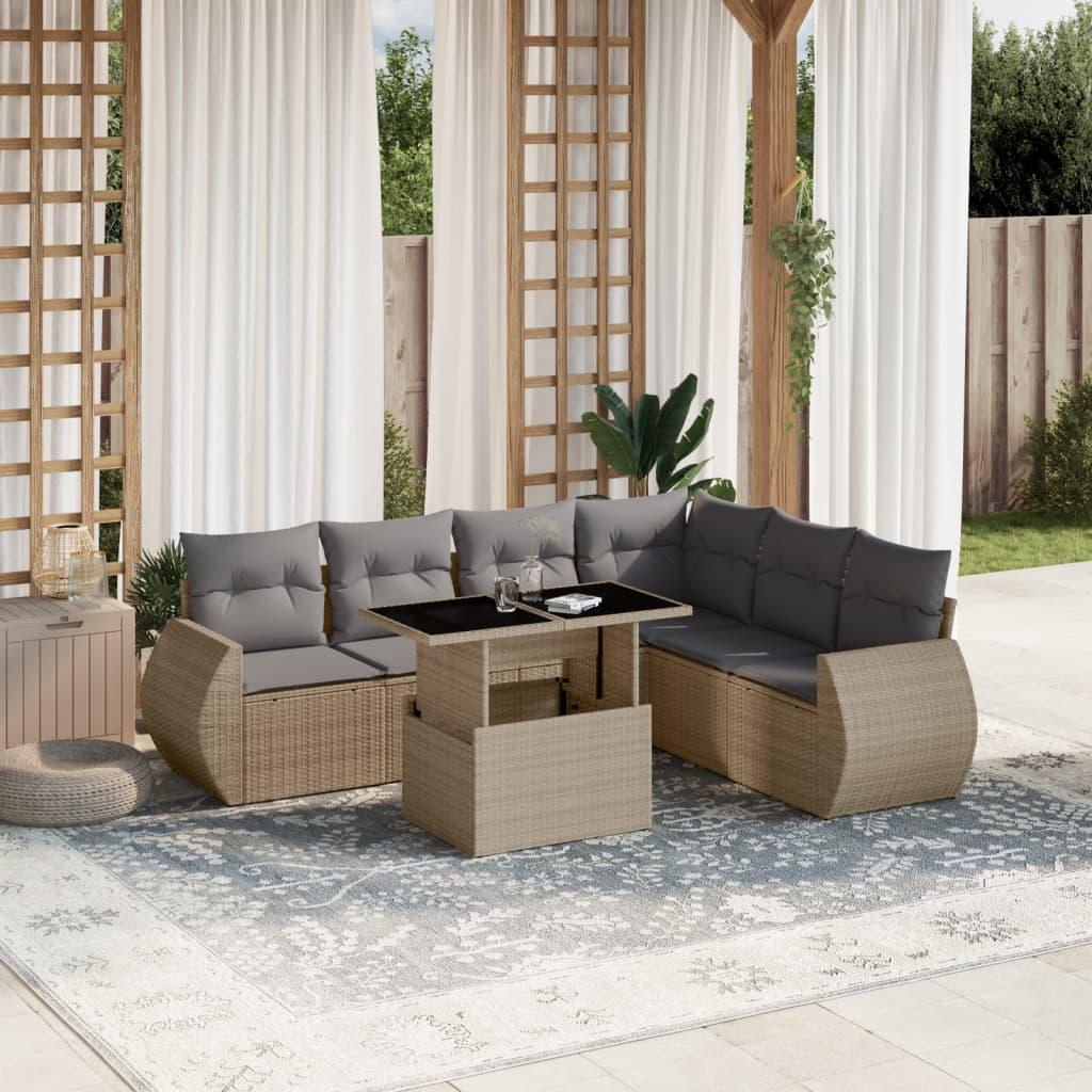Sofasæt til haven i polyrattan - 7 dele med hynder, beige