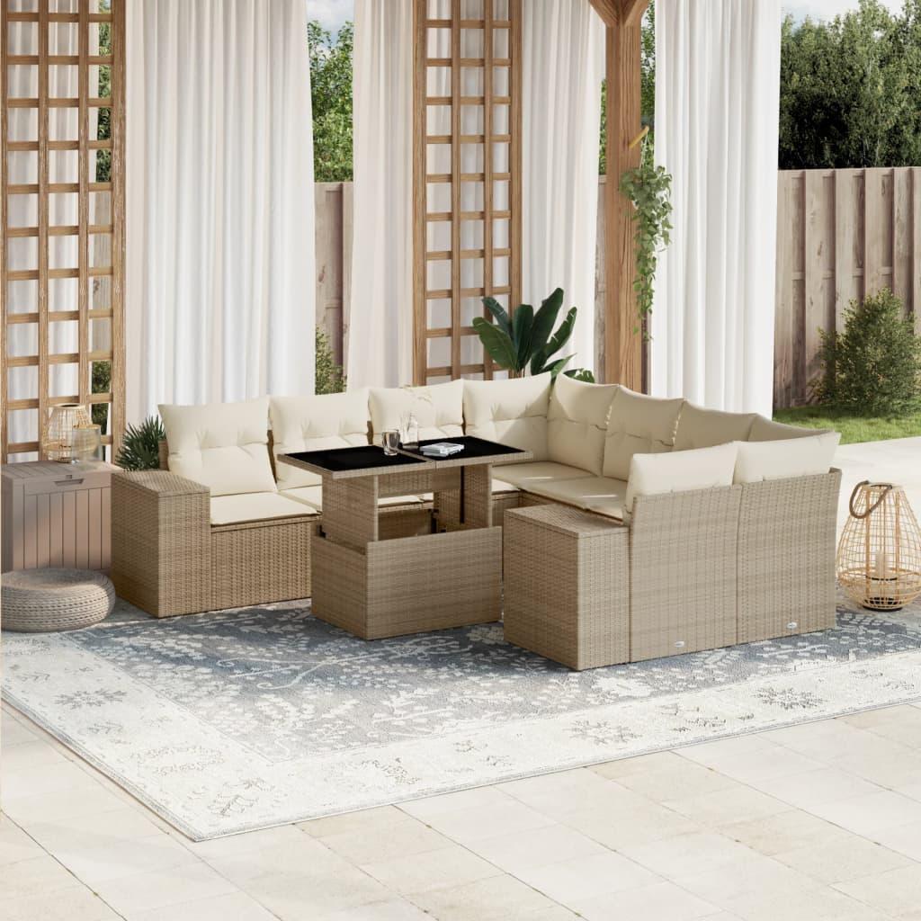 Sofasæt til haven i polyrattan, 9 dele med hynder - beige